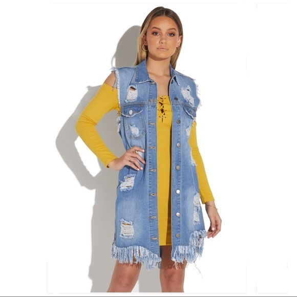 DISTRESSED LONG DENIM VEST SIZE SMALL, NWT - Picture 1 of 3